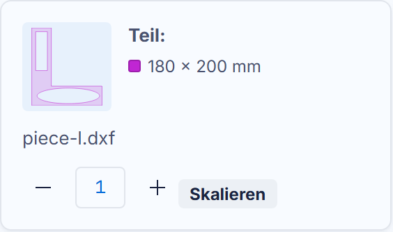 Eine DXF-Karte: Vorschau, Stückzahl, Skalierung