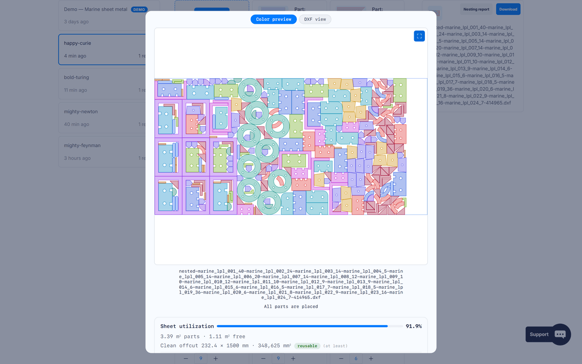 Colored preview of the nested sheet — small parts automatically nested inside the cutouts of larger ones