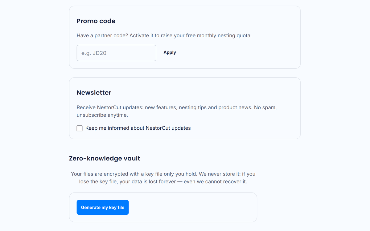 The zero-knowledge vault in account settings: files encrypted with a key file only you hold — opt-in on every plan
